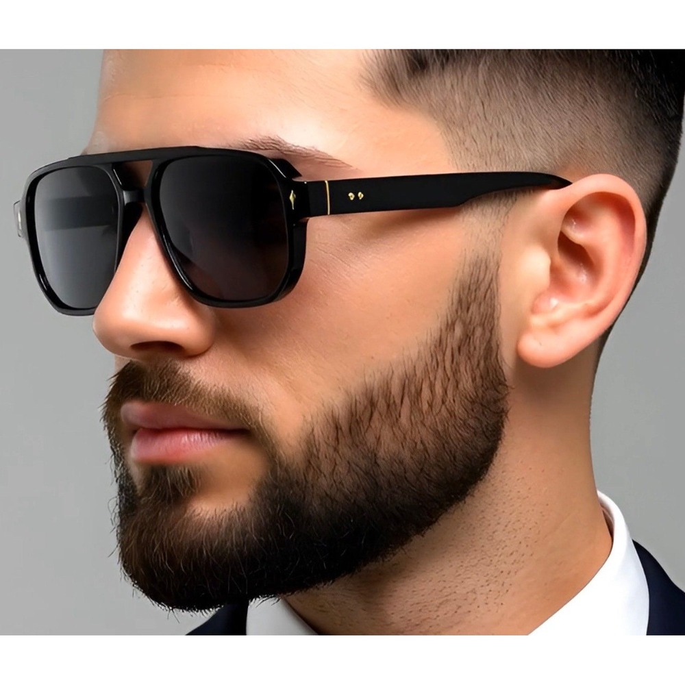 Dark Black Outdoor Aviator Sunglasses Men's Square Double Bridge Stylish Shades